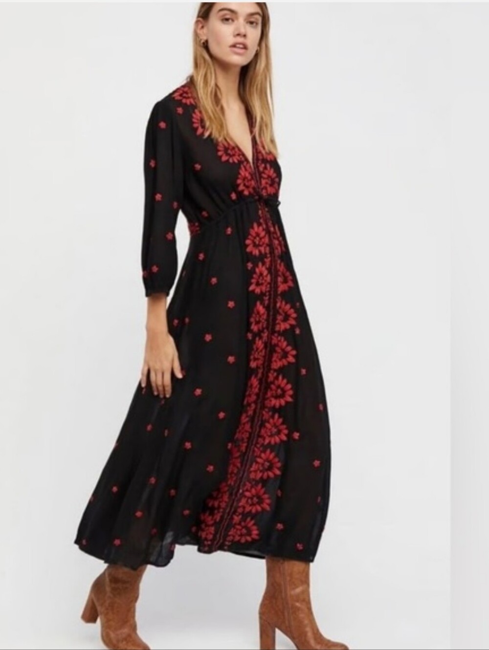 Free People Fable Black Maxi Dress with Red Floral Embroidery Size L